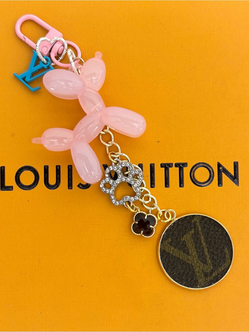 Louis Vuitton Bag Charm, pink dog, LV heart charm, monogram disc 5.5 inches